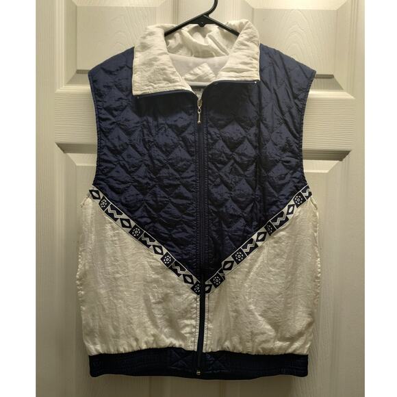 Vintage Rhythm Sport by Janeve Women's Size Small Cream Blue Zip Up Quilted Vest - Picture 1 of 7
